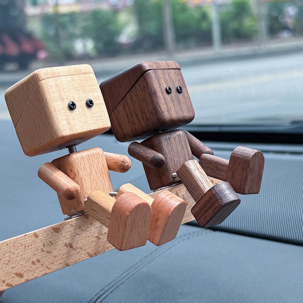 Cute Car Wood Man Shaking Wooden Man Figurine Car Decoration Small Ornaments Decor Creative Figurine Gifts for Home & Office