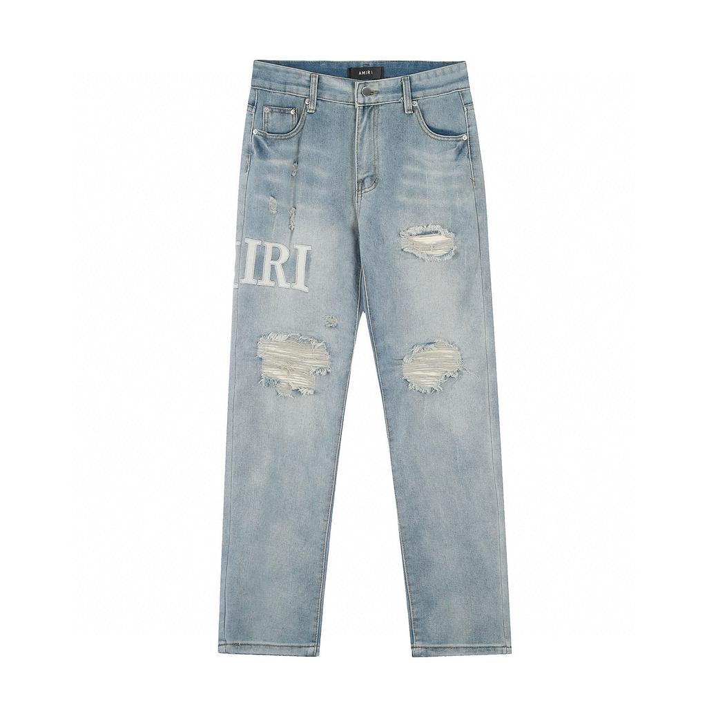 M06 Amiri Men's and Women's American Style Trendy Jeans with Fabric Patches, Holes, Embroidery, Casual and Fashionable High Street Pants