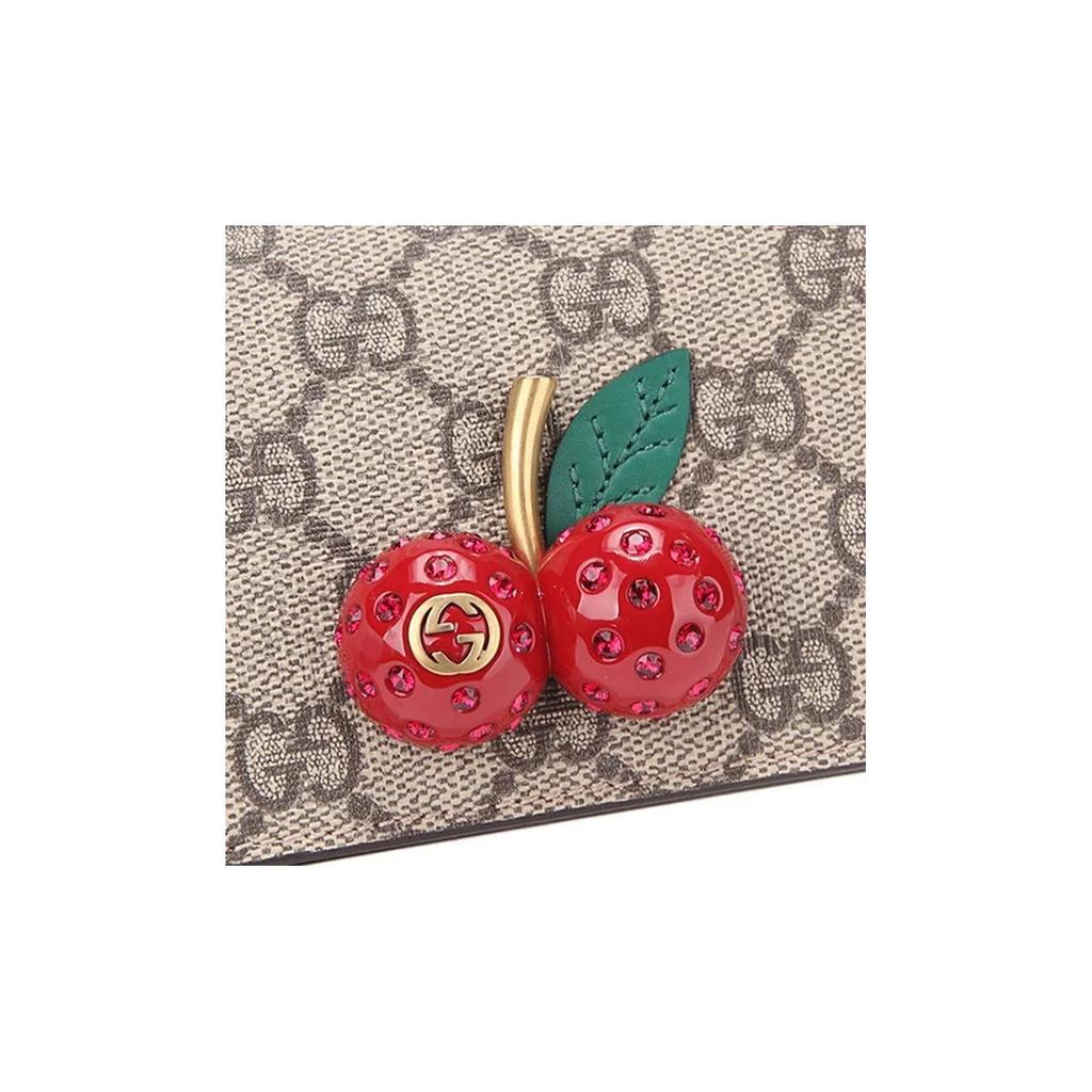 Gucci Doppelt faltbare Canvas- und Lederbrieftasche mit 3D-Kirschverzierung und Vintage-Logo, Damenbrieftasche in Ebenholz/Rot