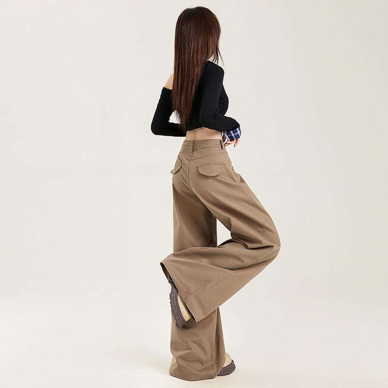 Women Khaki Wide Leg Pants Maillard Style Spring Autumn Loose Straight Draped Floor Length Casual Trousers