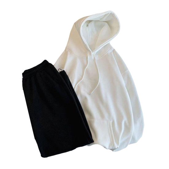 

2 шт./компл. мужской спортивный костюм с капюшоном, длинным рукавом, толстовка с завязками, большими карманами, однотонные спортивные штаны, комплект, универсальный стиль, спортивная одежда M белый