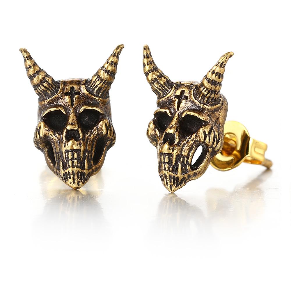 Gothic Punk Skull Stud Earrings For Men Women Nordic Retro Demon Satan Ram Skeleton Retro Viking Earrings Jewelry Gifts OHE186