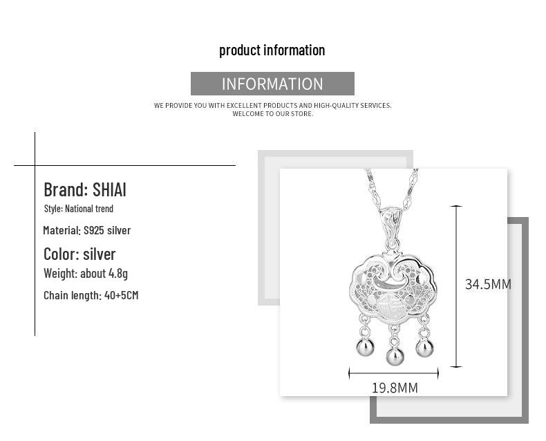SHIAI S925 Sterling Silver Peace Lock Fu Character Retro Clavicle Chain Pendant