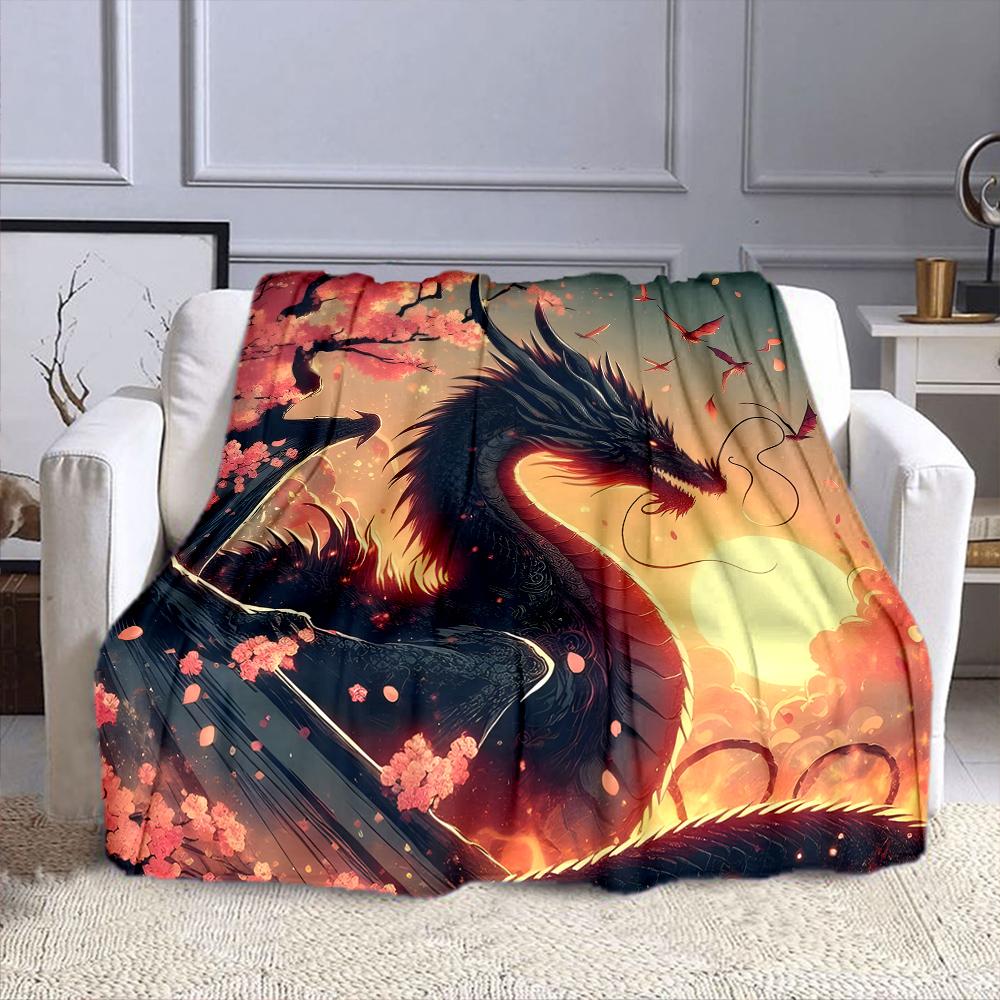 Fiery Dragon with Cherry Blossoms Patterned flannel blanket perfect for the bedroom living room, sofa, or a little nap
