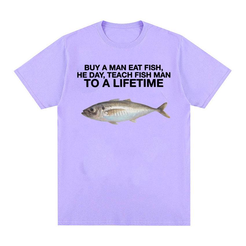 

Купите футболки с забавными мемами «A Man Eat Fish, He Day, Teach Fish Man, To A Lifetime Meme», мужская повседневная футболка большого размера из 100% хлопка с круглым вырезом
