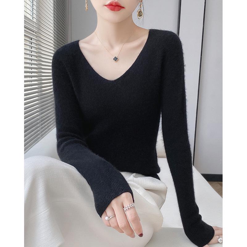 Women's Seamless All-Wool V-Neck Sweater - Slim Fit, Autumn/Winter Cashmere Knitwear