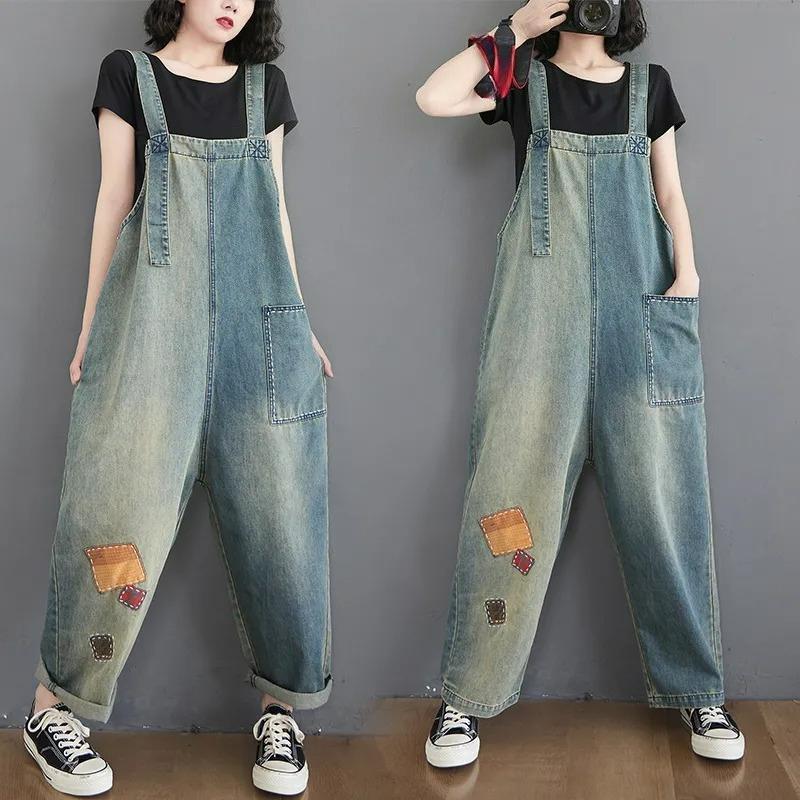 Džínové kombinézy Dámské letní nadměrné velikosti Korejský styl Omlazující kontrastní barva Patch Kombinéza Kalhoty Trend
