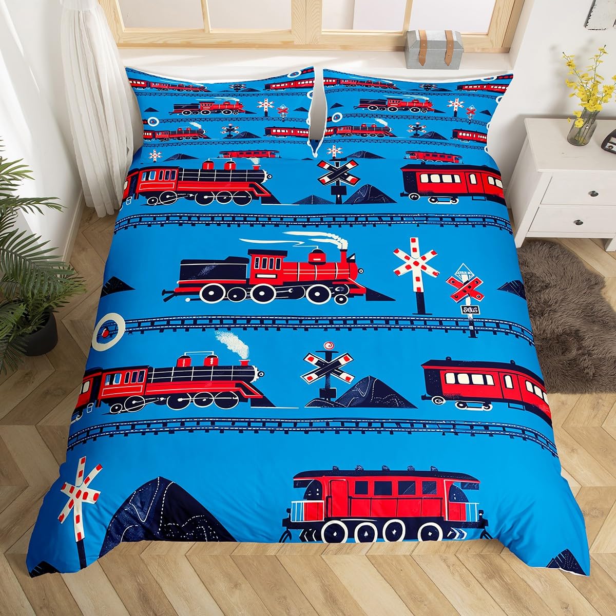 

Cartoon Train Bedding Set Full Queen King Vintage Steam Engine Comforter Cover, Travel Railway Track Transportation Duvet Cover AU Single(140x210cm)