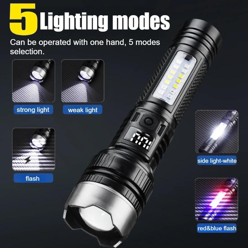5 Modes USB Rechargeable LED Flashlight Powerful Zoom Torch with COB Side Lights Outdoor Emergency Lantern Camping Portable Lamp