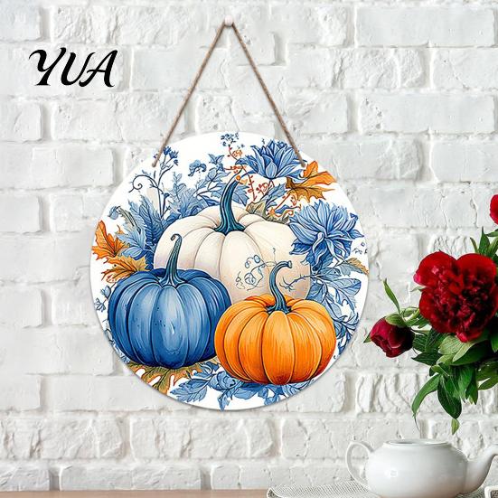 Wooden Pumpkin Door Hanger Harvest Festival Welcome Sign for Front Door, Rustic Hanging Art Entryway with Hemp Rope, Autumn Plaque Fall Porch