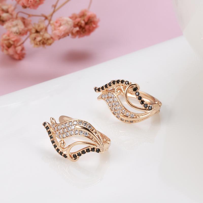 New Rose Gold Color Bling Black Natural Zircon Leaf Earrings Elegant Wedding Jewelry Fine Daily Women Earrings