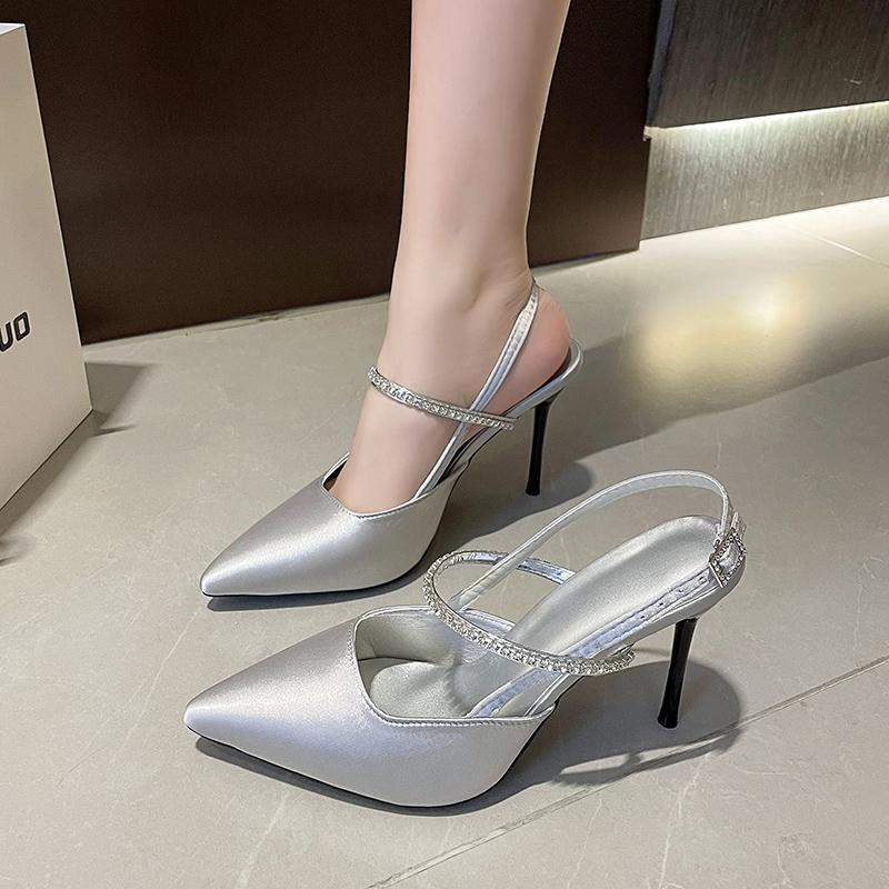 

модные блестящие туфли на высоком каблуке с открытой пяткой серебристые женские туфли-лодочки с металлическим кристаллом босоножки с острым носком туфли на шпильке туфли на выпускной вечер женские 35 серебряный
