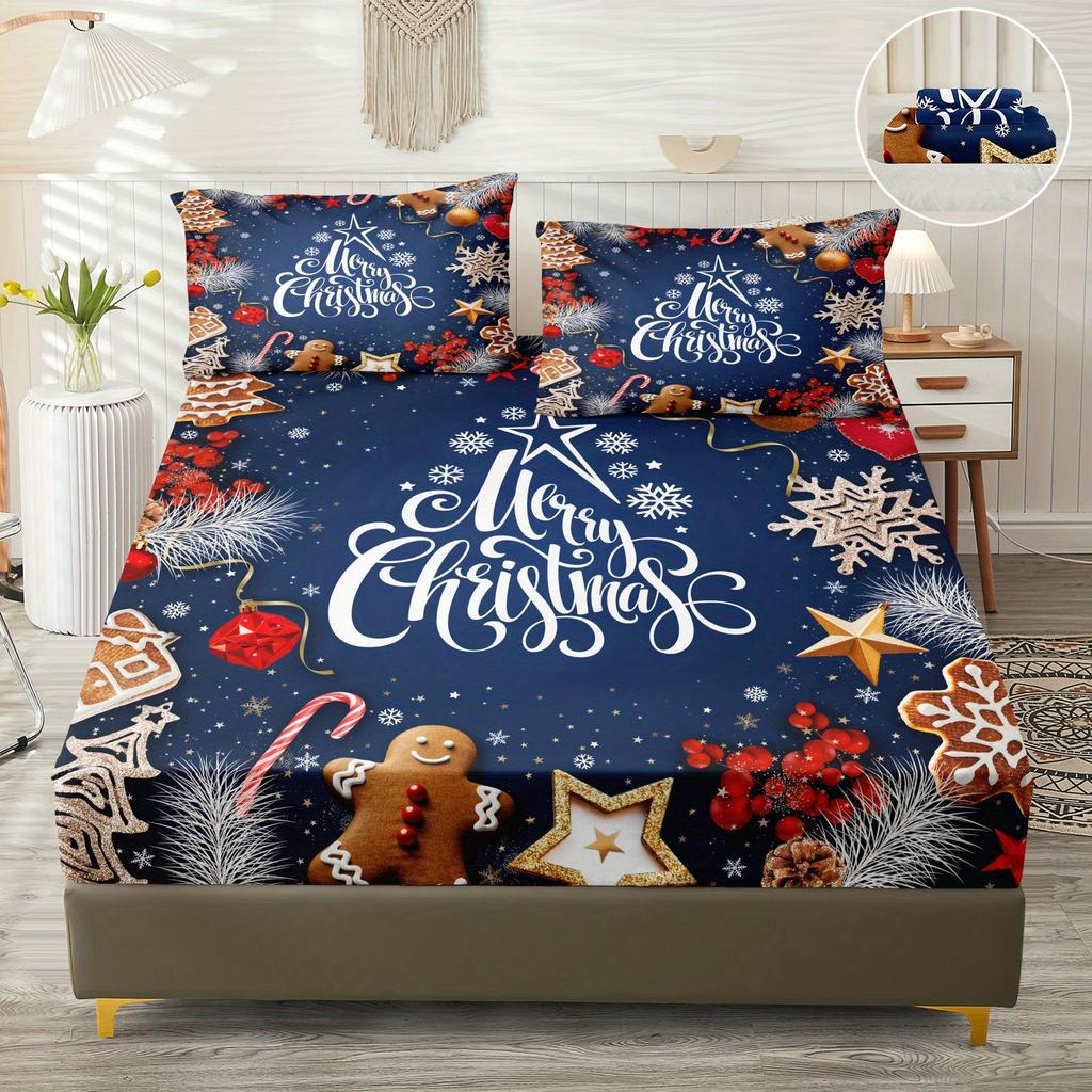 Christmas Themed Polyester Bedding Set - Soft Sanded Digital Print, 3-Piece Fitted Sheet and Pillowcase Set, Woven Fabric