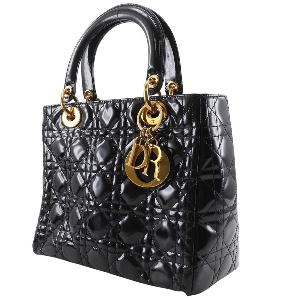 Dior Lady Dior Medium Handbag Canage Black Patent Leather Women Used