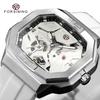 Forsining Mens Skeleton Automatic Self Wind Mechanical Movement Watches Waterproof Luminous Square Dial Silicone Strap Wrist Watch