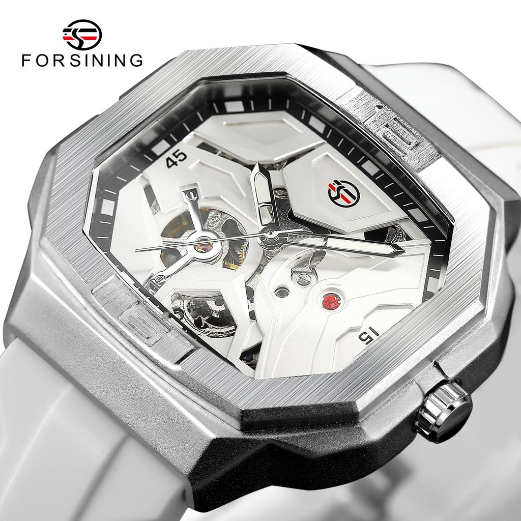 Forsining Mens Skeleton Automatic Self Wind Mechanical Movement Watches Waterproof Luminous Square Dial Silicone Strap Wrist Watch
