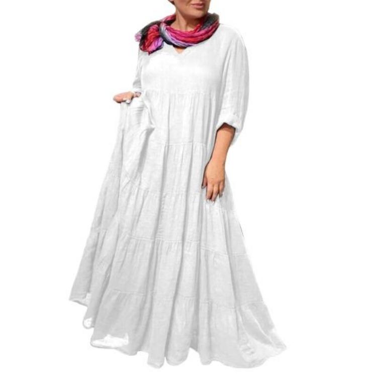 Summer Vacation Maxi Dress for Women V Neck Long Sleeve Solid Color with Ruffle Stitching and Pleated Hem