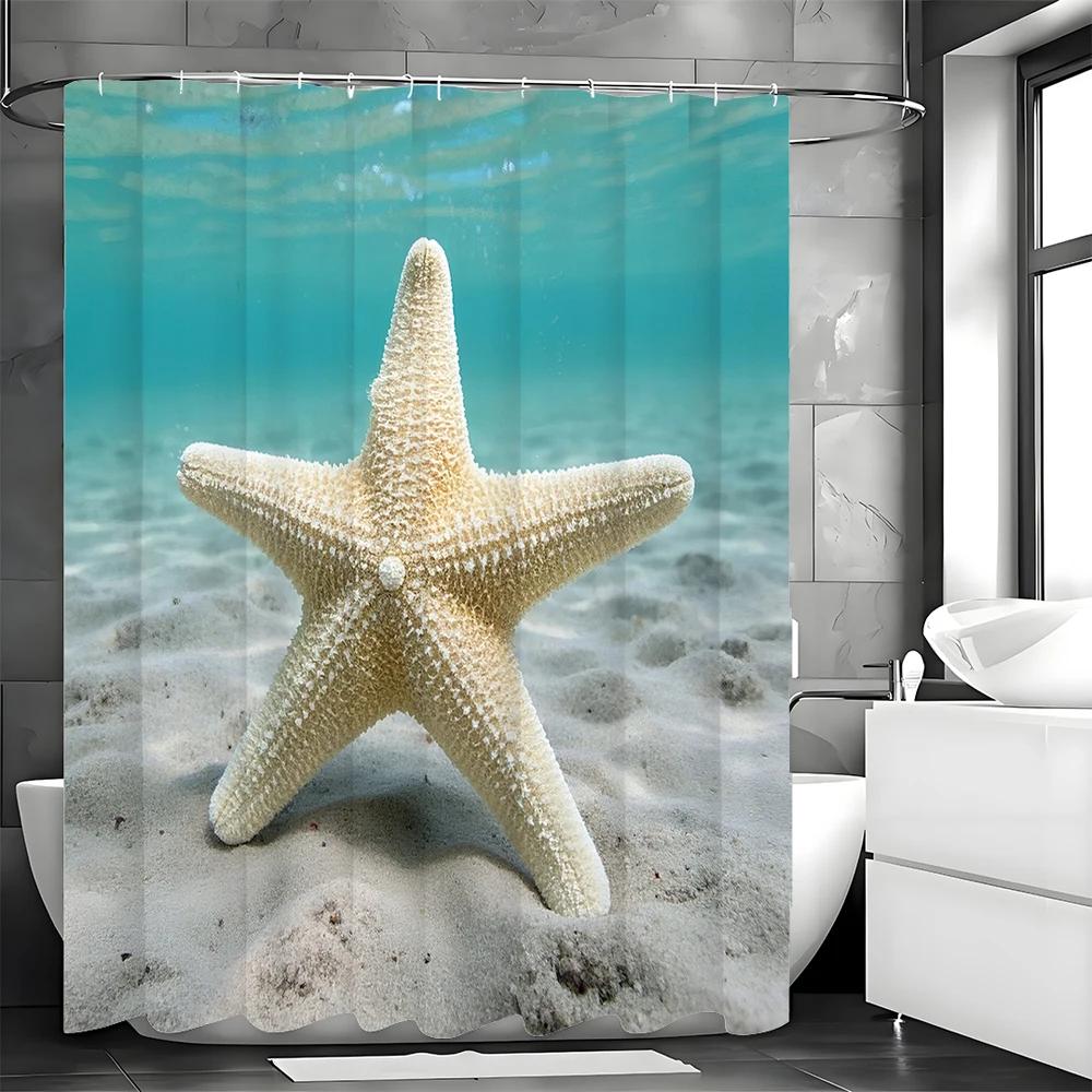 Sprchový závěs Hvězdice na pláži, Dekorativní sprchový závěs do koupelny, Vodotěsný sprchový závěs s háčky