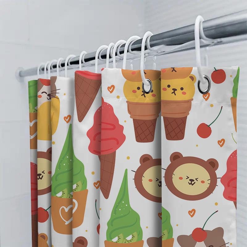 Adorable Animal Ice Cream Shower Curtain Set For Bathroom Decor Cartoon Print Fabric Shower Curtains With Rings Included