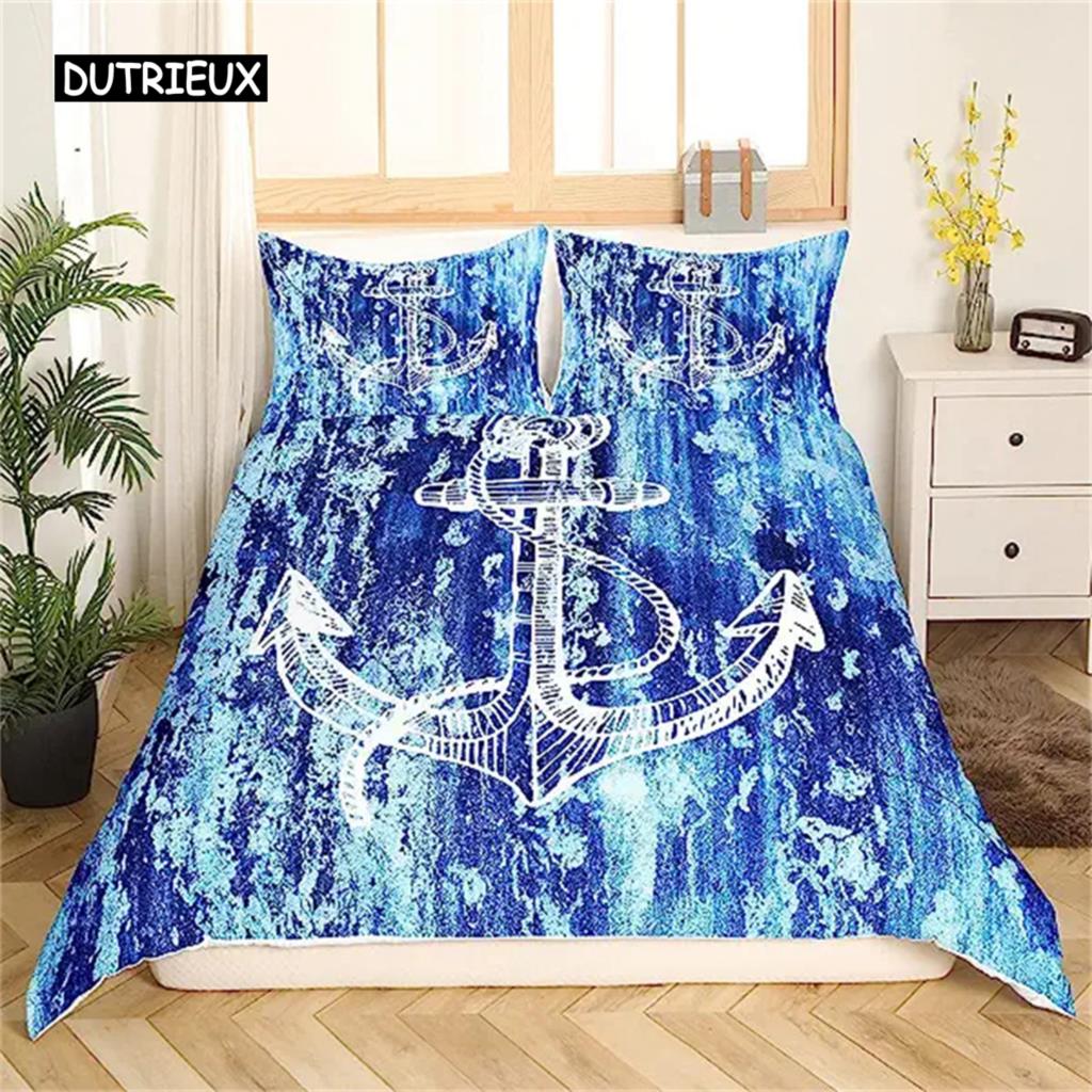 Anchor Duvet Cover Nautical Bedding Set Ship Anchor Chain With Lines Comforter Cover For Children Teen Bedroom Decoration Gifts