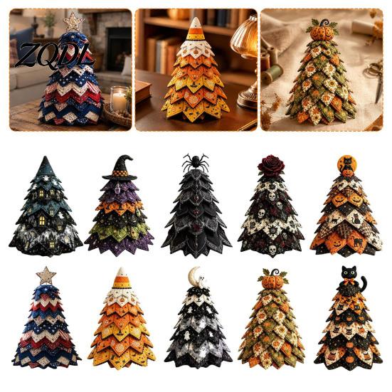 Artigianato da Cucito Fatto a Mano Kit Albero in Tessuto Trapuntato di Halloween, Gatto Strega Ragno Fai da Te Esposizioni Festive da Tavolo Progetto Artigianale Imbottito 3D per Quilting