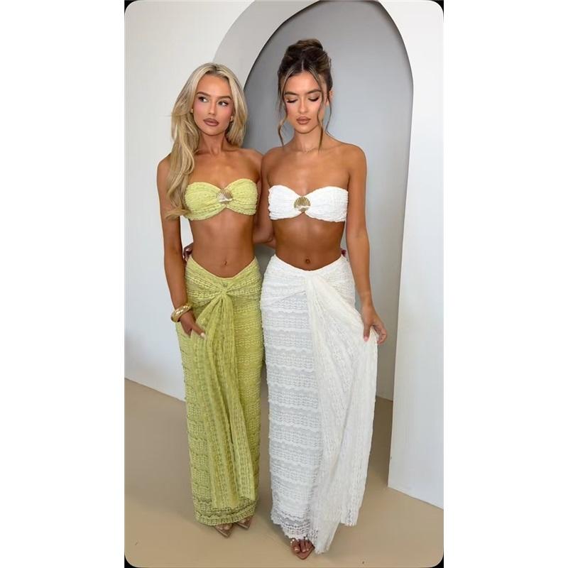Lace Jacquard Vacation Seaside Casual Sexy Cool Solid Color Swimsuit Sleeveless Two-piece Suit