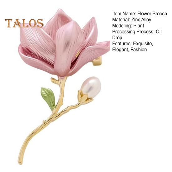 Magnolia Flower Brooch for Women Artificial Flower Pins Faux Pearl Enamel Badges Lapel Pins for Jackets Dresses Coats Accessories