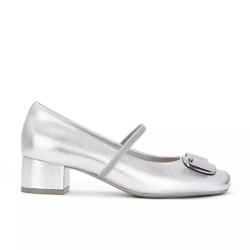 Cowhide version square head leather light mouth metal bow Mary Jane shoes women's flat ballet shoes