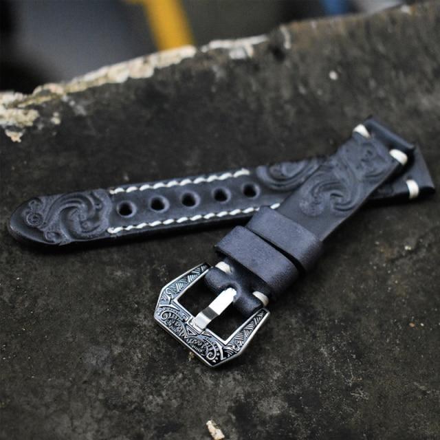 

Ремешок для часов 20 мм 22 мм, винтажный кожаный резной ремешок для часов с тиснением для Panerai, ремешок для часов с резной пряжкой, гравированной застежкой 24mm чёрный