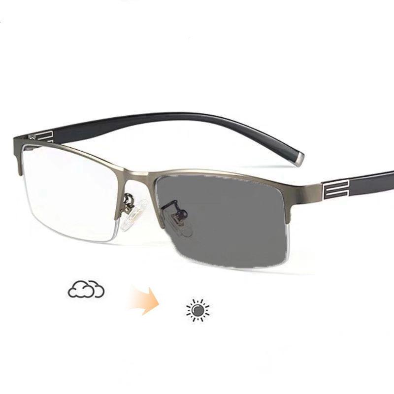 Módní Trendy business brýle s fotochromatickou krátkozrakostí pro muže Vintage polorámové antimodré brýle Chytré sluneční brýle se změnou barvy