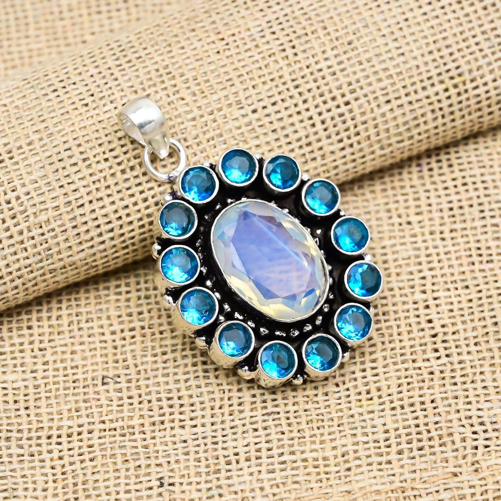 Milky Opal, Blue Topaz Gemstone 925 Sterling Silver Handmade Antique Jewelry Gift For Mother Pendant