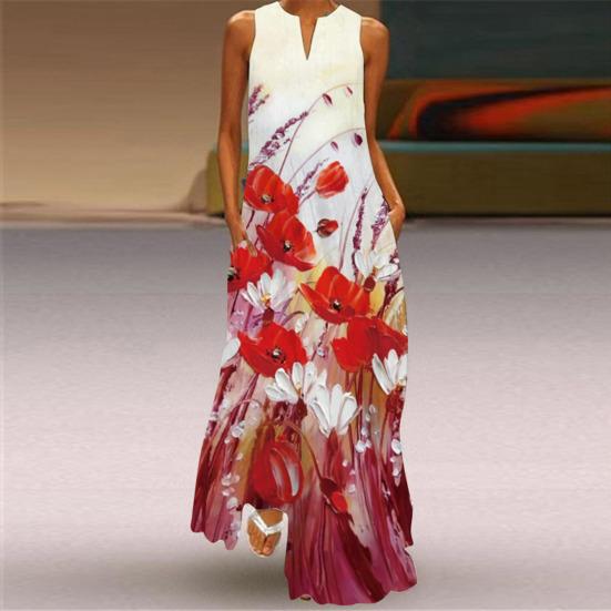 Stylish Women Dress Sleeveless Butterfly Print V Neck Large Hem Maxi Dress for Summer
