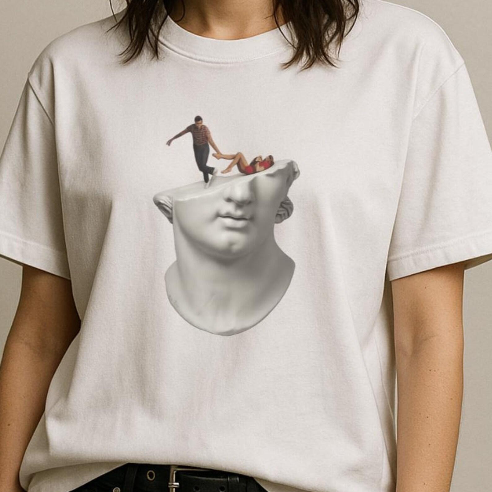 Surreal Statue Head Graphic Tee: Modern Art Shirt S