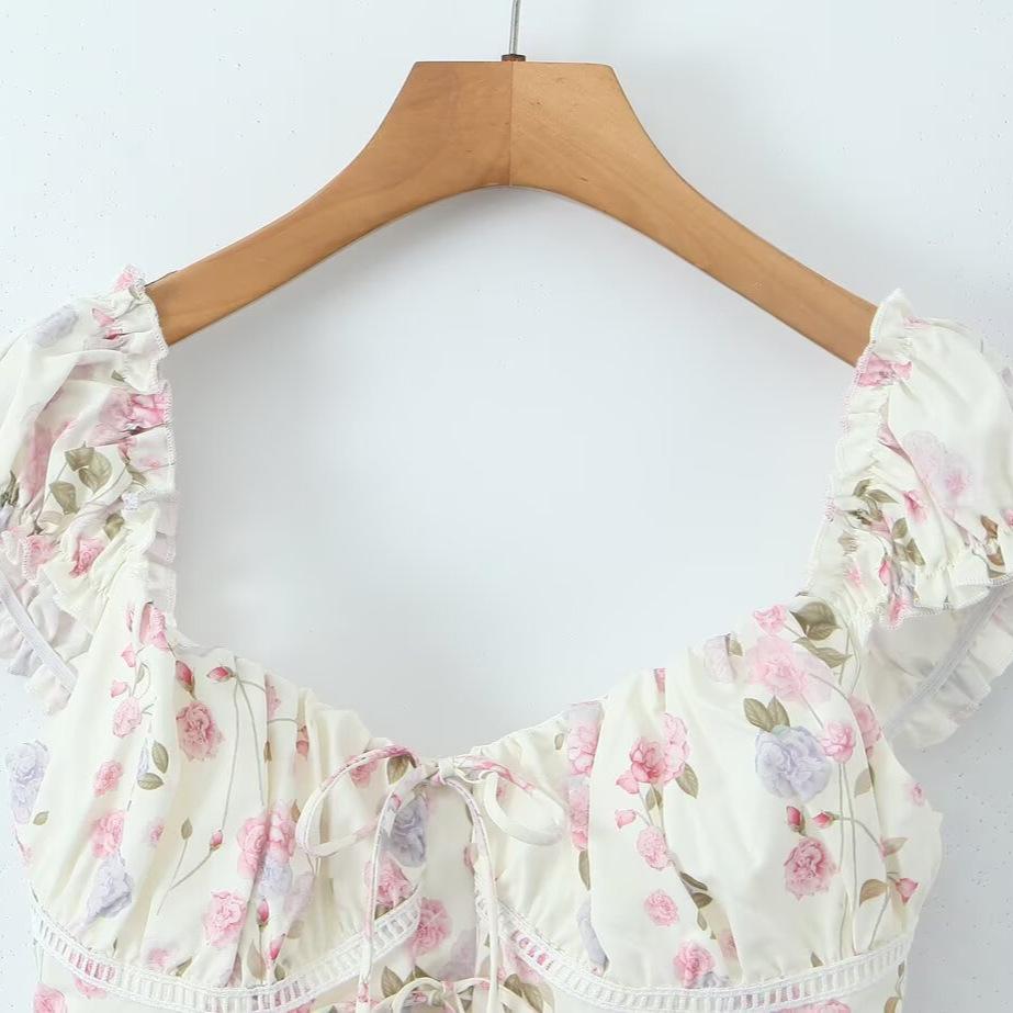 European and American style, new women's clothing, foreign style fashionable spring French retro lace-up printed top