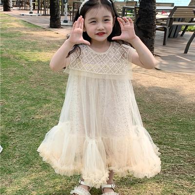 2023 Nové dívčí šaty ze síťoviny s korálky Dětská gáza Módní šaty bez rukávů Dětské oblečení na narozeninovou párty