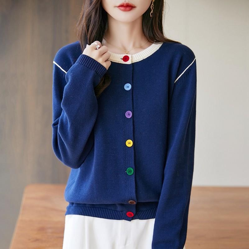 Round-neck Knitted Cardigan, Long-sleeved Women's Color-buttoned Design Sweater Jacket, New for Spring and Autumn