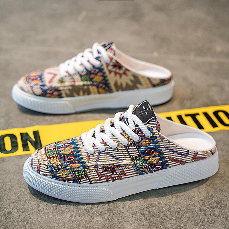 Men Casual Mules Printing Mesh Breathable Flat Slippers Men's Half Slippers Non-slip Casual Shoes for Men Non-slip Slippers Mens