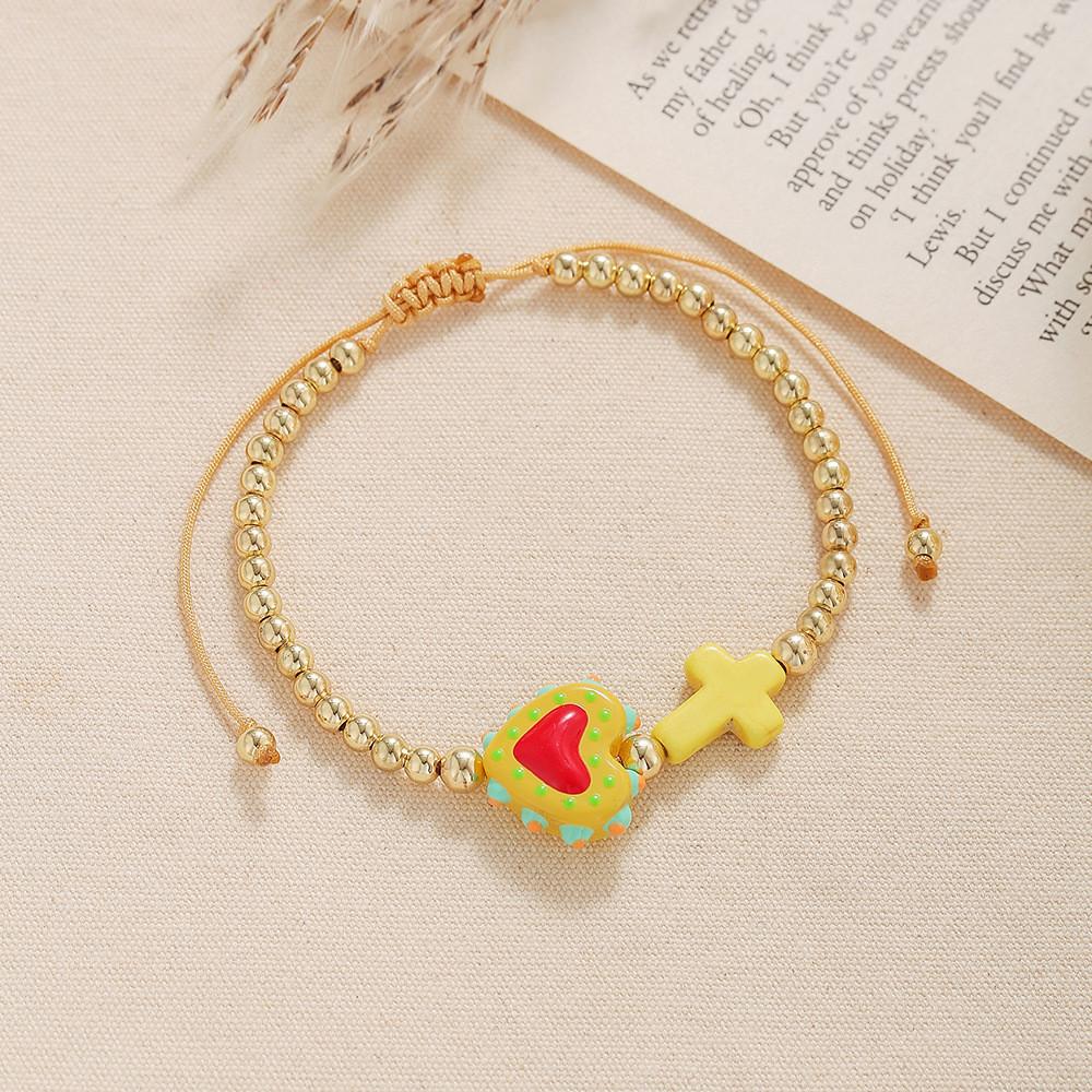 

Style Turquoise Cross Heart Beaded Bracelet With Gold Accents For Women жовтий
