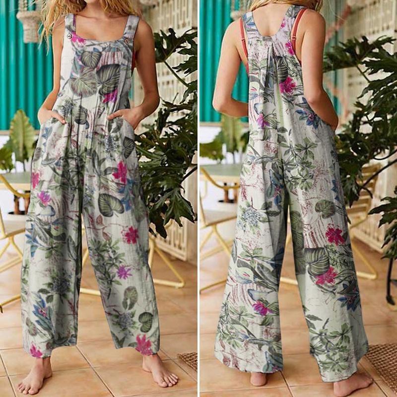 Women Sleeveless Floral Printed Jumpsuit Rompers Wide Leg Bib Pants Long Trousers Suspenders Overalls Pantalon Femme