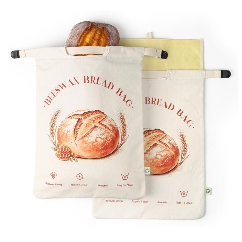 Organic Cotton Bread Storage Bag with Wax Lining, Removable Design, Flexible Closure Bands, and Carry Opening for Bread and Everyday Foods