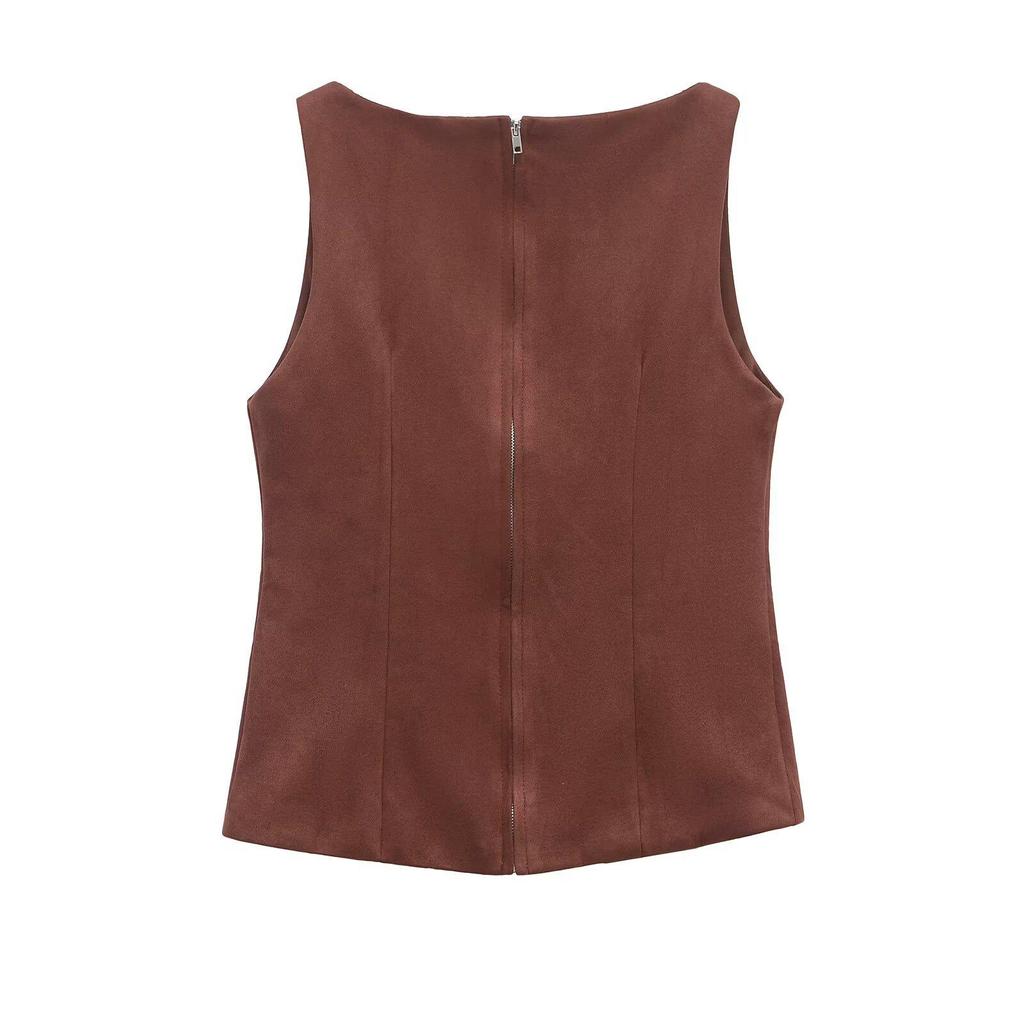 Spring 2025 Women’s Suede Sleeveless Vest with Flap Detail