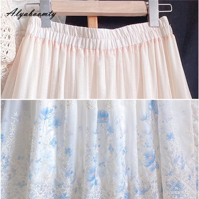 Spring Summer Women Maxi Long Skirt High Waist Delicate Floral Embroidery Classical Skirt Vintage Elegant Hollow Out Ladies' A-Line Skirt