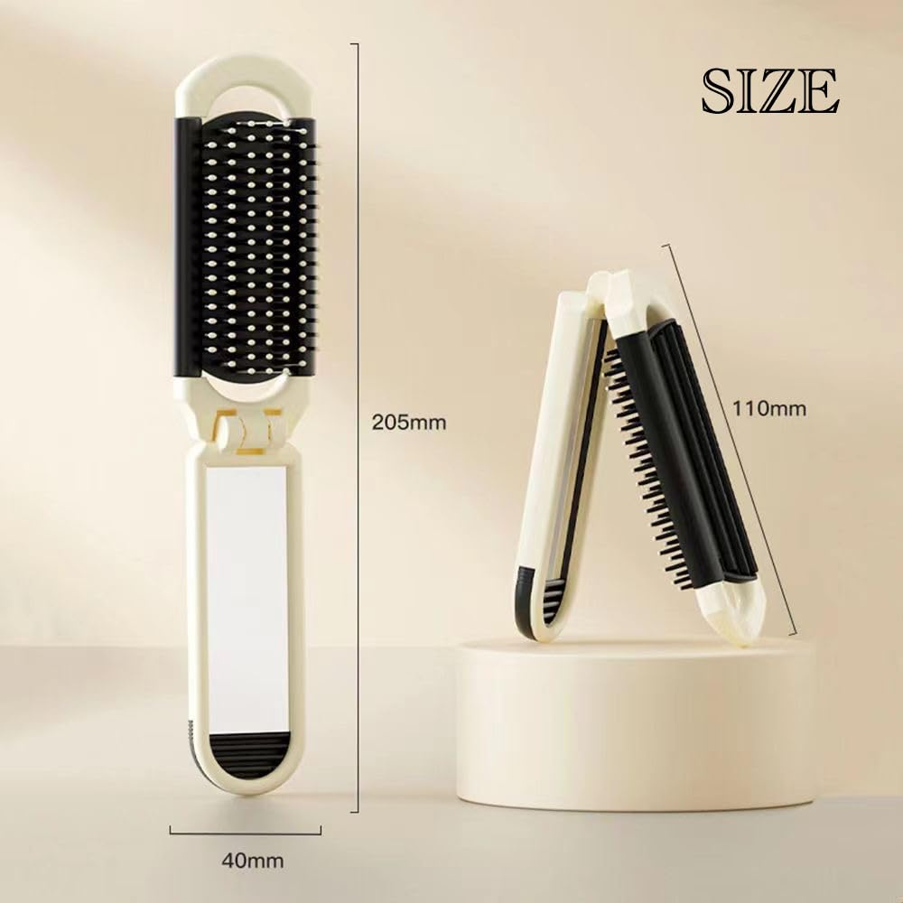 MAGPIE Folding with Handy Silver Brush, Lightweight, Anti-Static, Mirror, Women's Brush, Brush, (Off-White)