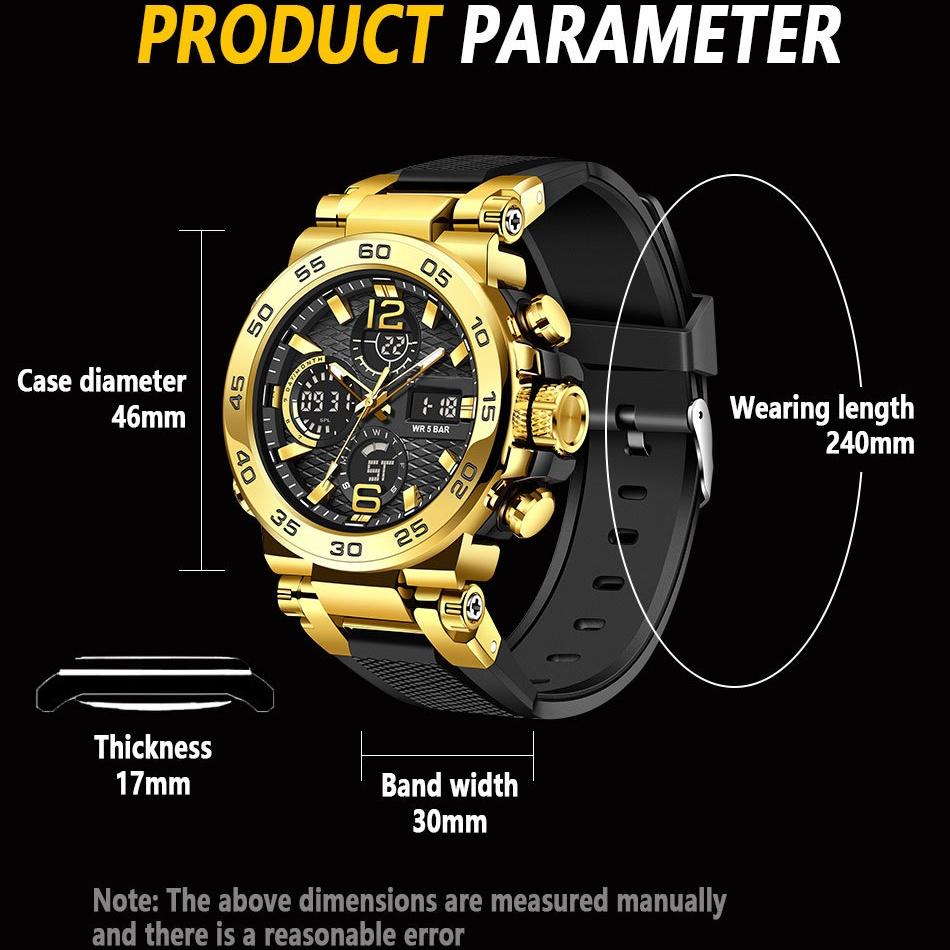 Vanntett LCD Dobbelvisning Kvarts Armbåndsur Multifunksjonell Elektronisk Klokke for Menn Sport Silikonklokker