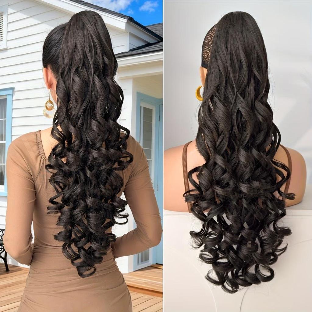 European & American Style Long Curly Ponytail Wig with Claw Clip - Roman Curl for Women