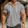 Men Top Hooded Drawstring Solid Short Sleeves Texture Pullover Waffle Color Slim Fit Casual Daily Wear Mid Length