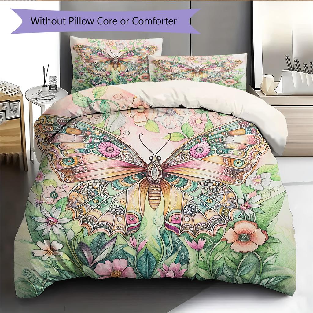 Butterfly in Flower Bushes  Pattern Bedding Quilt Set Quilt Cover Pillowcase Home Decoration  Gift (1 * duvet cover + 2 * pillowcase, without core)