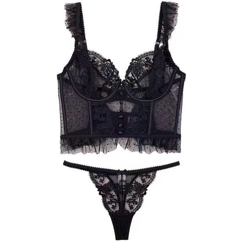 French Lace Bralette Thin Strap Push Up Cami Top Sexy Lingerie Set Women