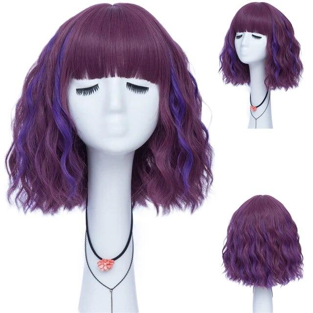 Kurze lockige blaue Bobo-Synthetik-Cosplay-Perücken für Frauen, Orange, Rot, Grün, natürliches hitzebeständiges Haar mit Pony für Mädchen