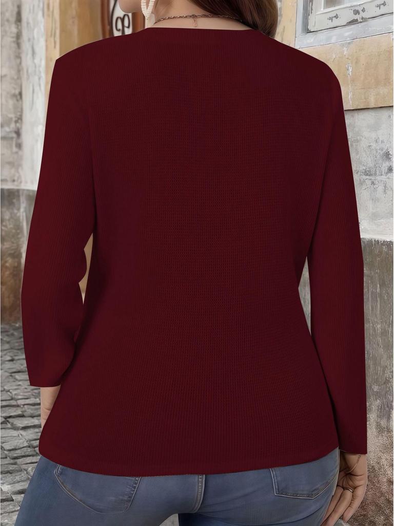 2025 Autumn Plus Size V-Neck Button Waffle Knit Women's T-Shirt